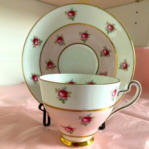 Stratford Bone China Teacup and Saucer with a Pink Band, Rosebuds and Green